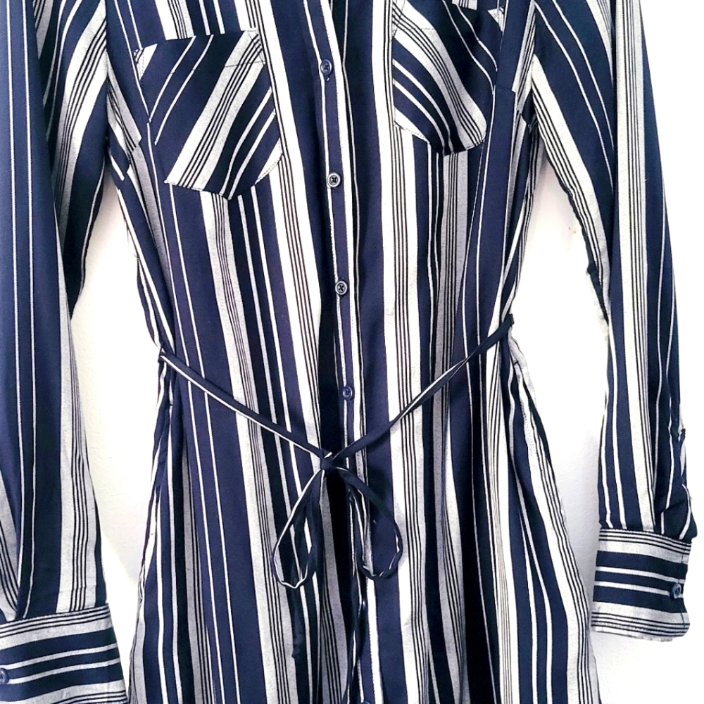 Merona Womens Striped Long Sleeve Button Down Dress XS Navy